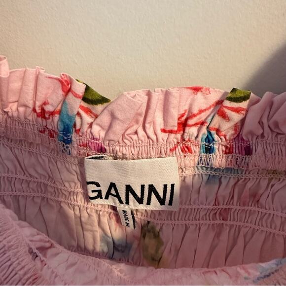 GANNI Pink Floral Cotton Smocked Square Neck Top Blouse Small - Picture 11 of 11